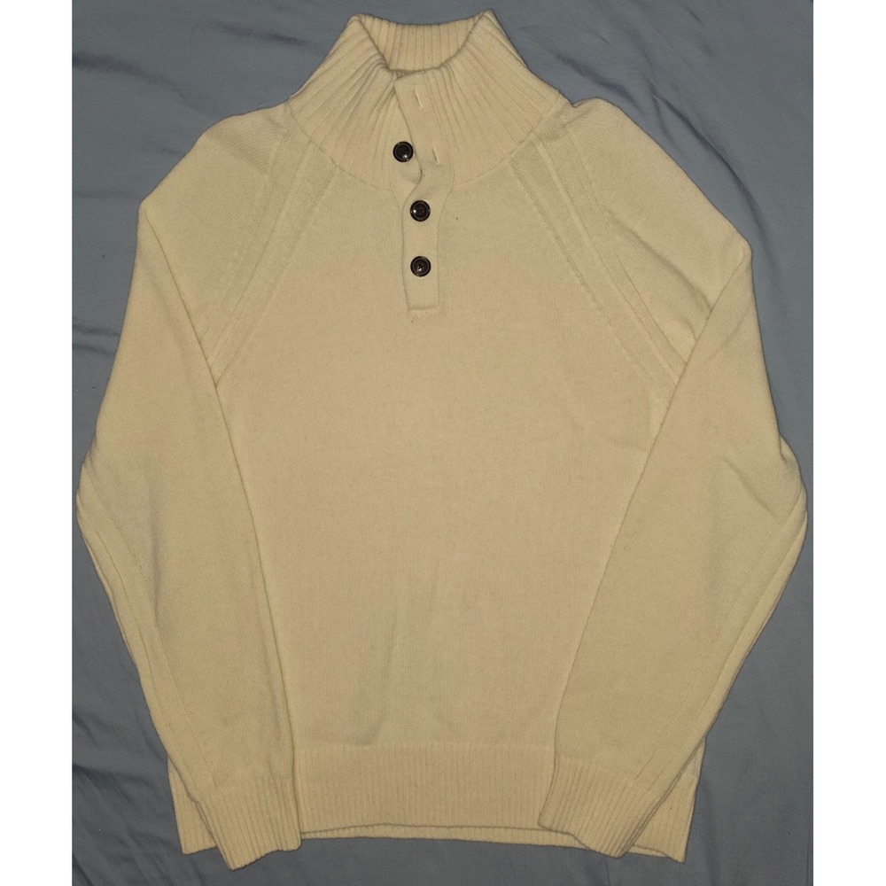 Banana Republic Pierro Wool Sweater Large Button Mock Neck Lot Cream/Grey